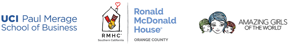 Logos for UCI Paul Merage School of Business, Amazing Girls Of The World, and Ronald McDonald House OC
